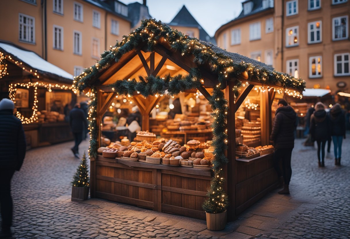 A cozy cobblestone square filled with festive wooden stalls, twinkling lights, and the scent of mulled wine and fresh gingerbread