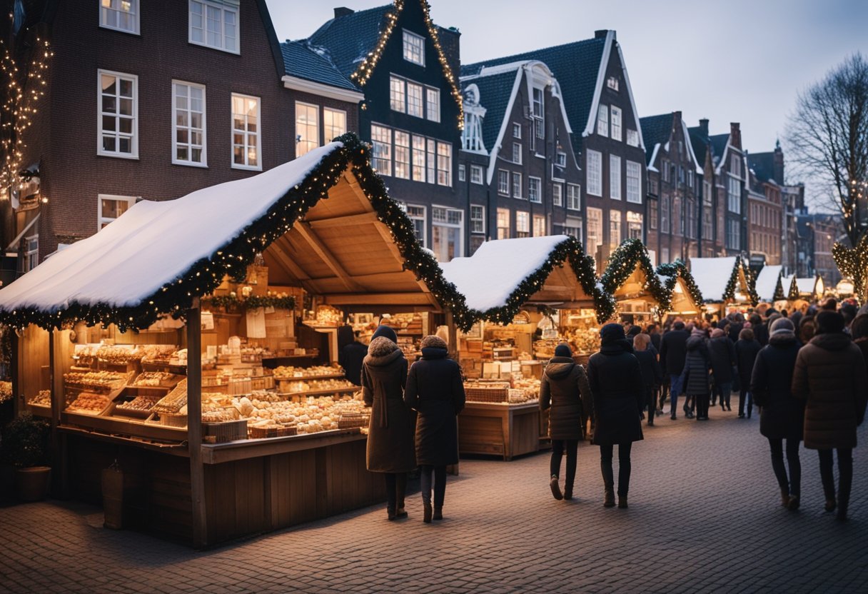 A festive scene at a Christmas market in the Netherlands, with charming wooden stalls, twinkling lights, and people enjoying traditional Dutch treats and holiday shopping