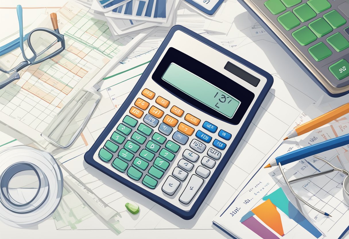 A calculator with a bold "Disability Tax Credit Calculator" title, surrounded by financial documents and a calendar showing 10 years