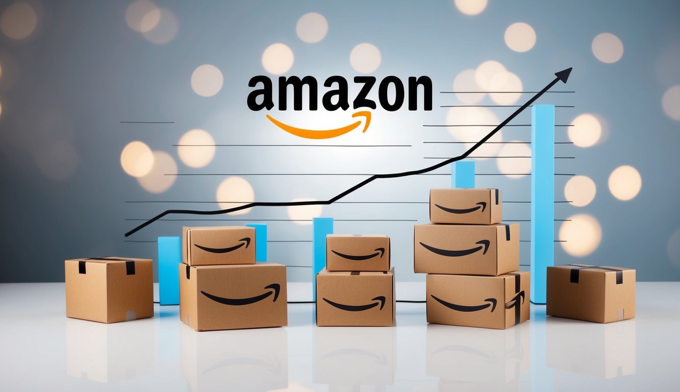 Amazon FBA logo surrounded by packages, with a graph showing an upward trend in success rate