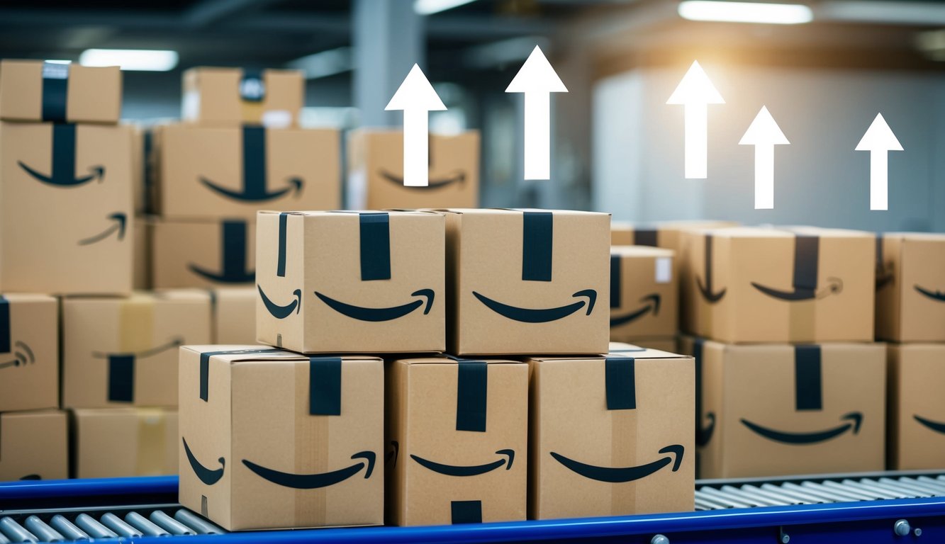 A stack of Amazon FBA packages arranged neatly on a conveyor belt, with arrows pointing upwards symbolizing increasing success rate