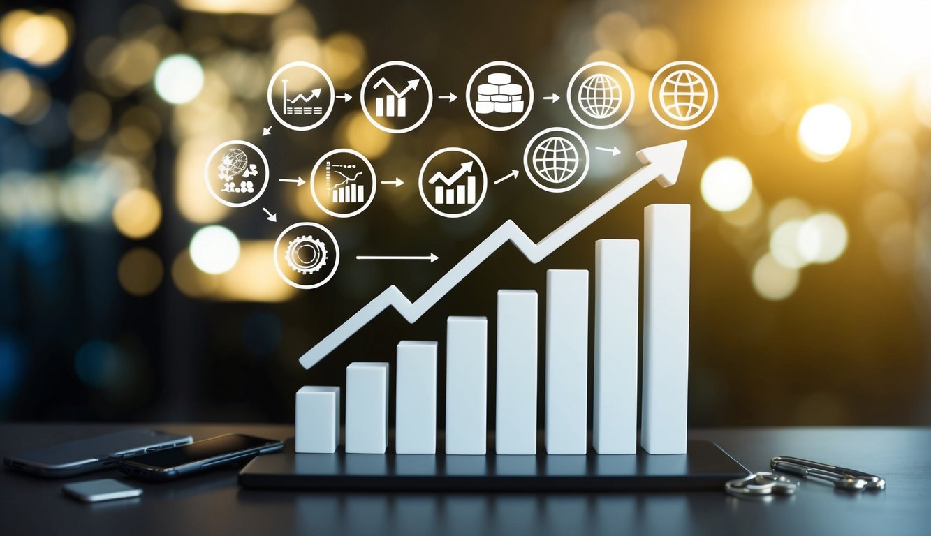 A graph showing a steady upward trend, surrounded by various icons representing successful expansion tactics such as product diversification and global market reach