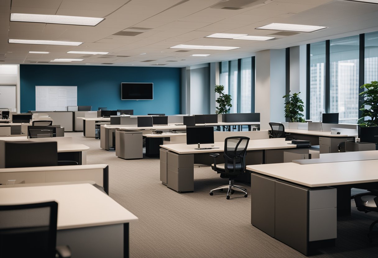 A government office building with empty desks, closed meeting rooms, and unused workstations, as employees work remotely