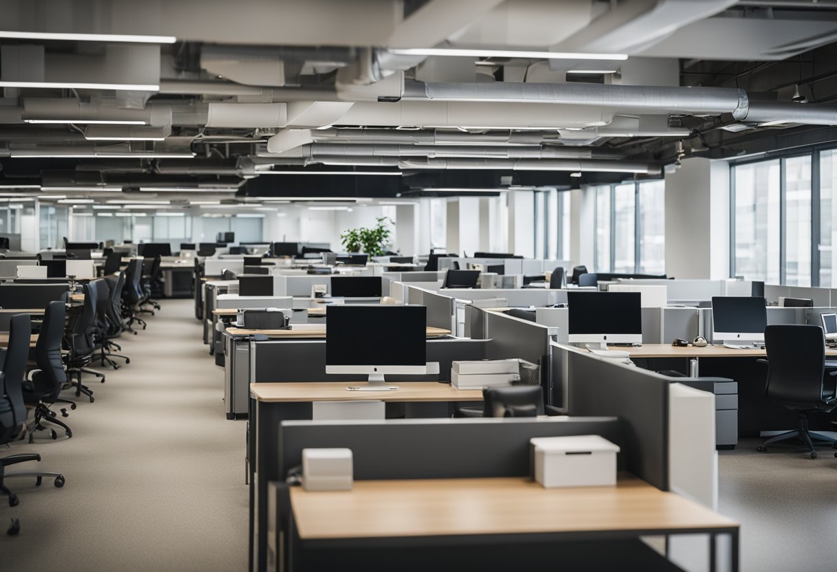 A crowded office space with desks and chairs being removed, creating more open areas