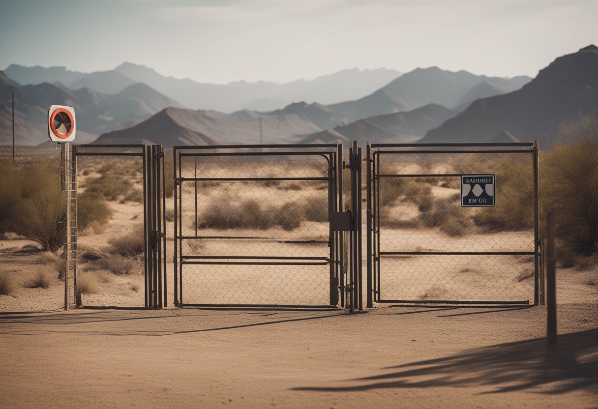 Um portão misterioso, fortemente vigiado, com placas de aviso e câmeras de vigilância, cercado por uma paisagem desértica e montanhas distantes.