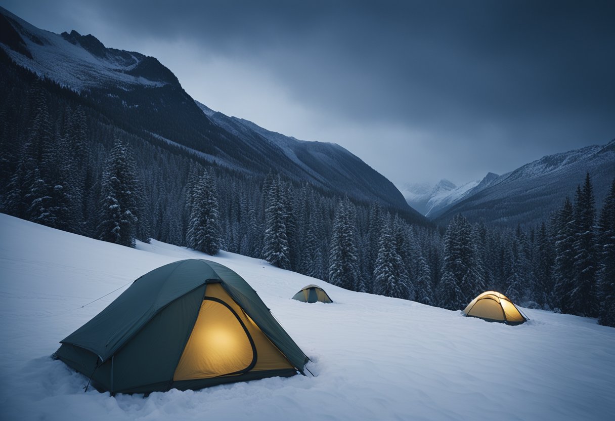 Uma tenda abandonada de um grupo de caminhantes está em um desfiladeiro montanhoso coberto de neve à noite, cercada por um silêncio assustador e árvores imponentes.