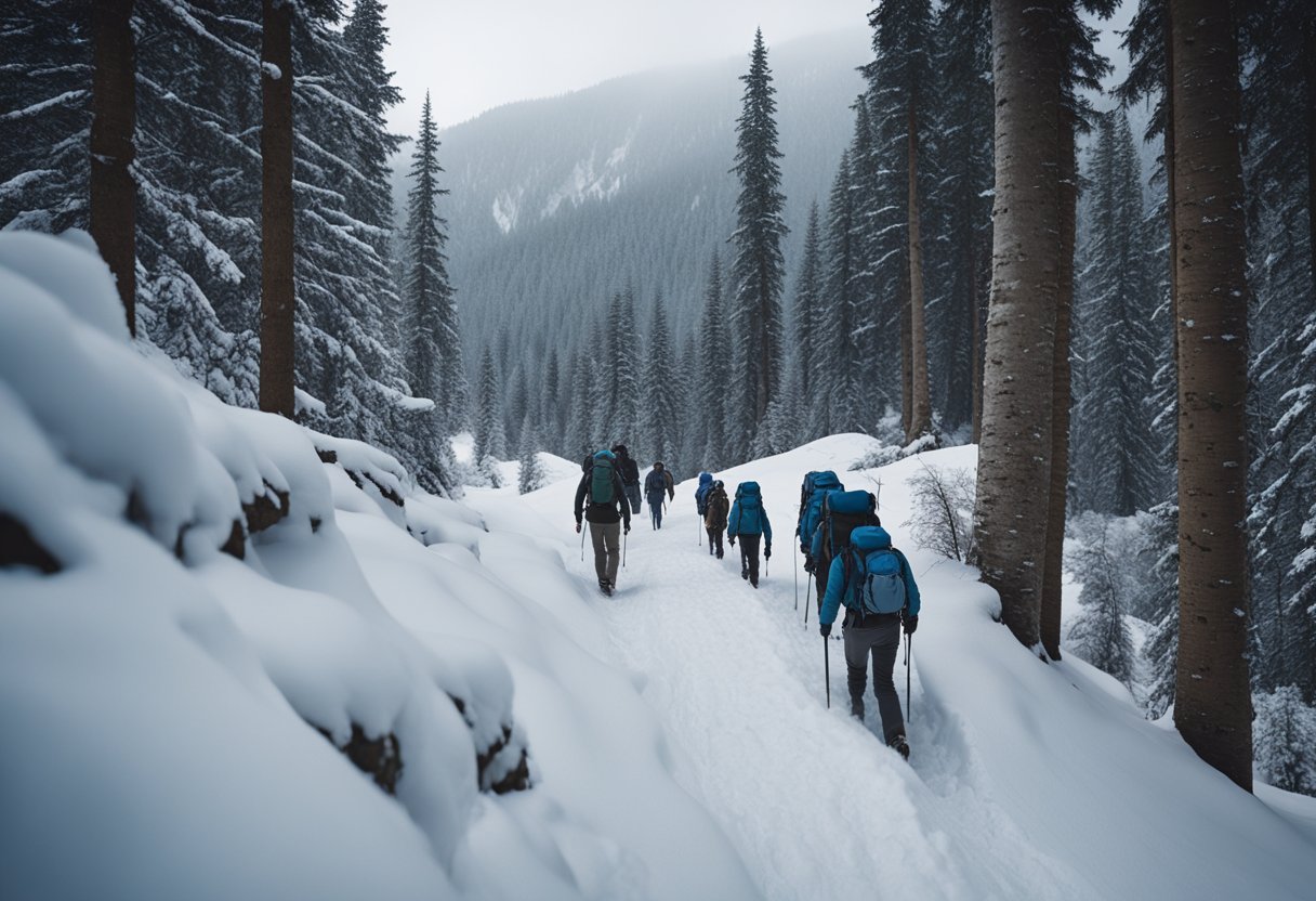 Um grupo de caminhantes atravessa um passo de montanha coberto de neve, cercado por um silêncio arrepiante e árvores imponentes, enquanto se aventuram no misterioso Passo Dyatlov.