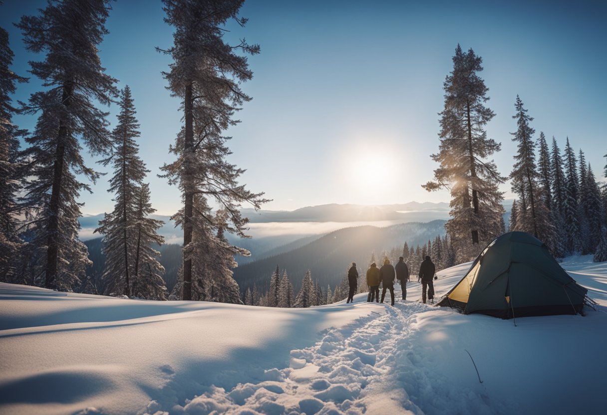 Um acampamento abandonado de um grupo de caminhantes nas nevadas Montanhas Urais, com pegadas levando para a distância e uma sensação de mistério e intriga.