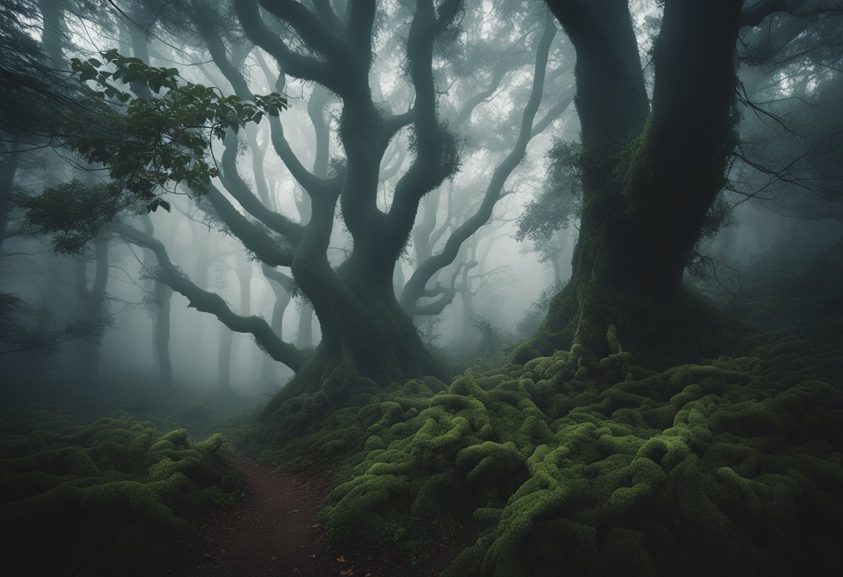 Uma floresta densa e sinistra com árvores retorcidas e nodosas e uma névoa misteriosa pairando entre a vegetação emaranhada