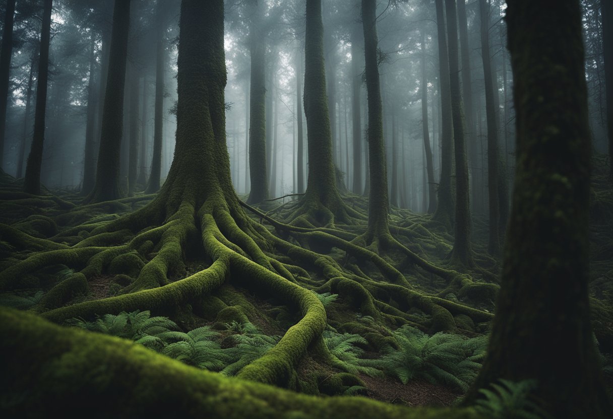 Uma floresta densa e misteriosa com árvores retorcidas e uma atmosfera estranha, envolta em mitos e lendas, conhecida como o "Triângulo das Bermudas da Romênia."