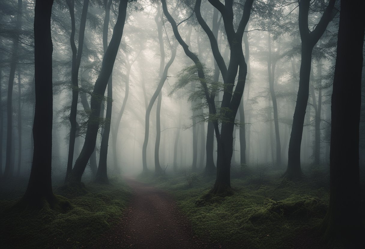 Uma floresta enevoada com árvores retorcidas e uma atmosfera estranha, sugerindo mistérios sobrenaturais em meio à densa folhagem de Hoia-Baciu.