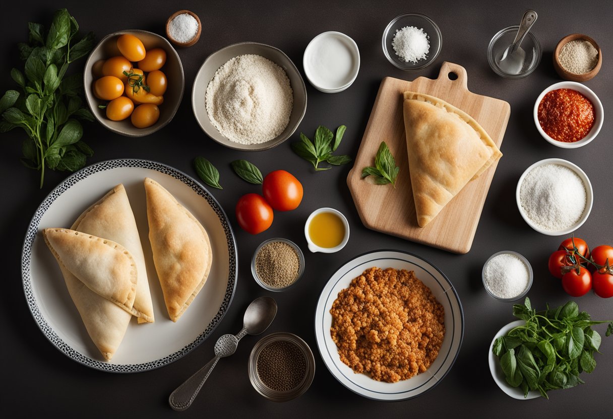 Uma bancada de cozinha com ingredientes e utensílios dispostos para fazer calzones caseiros