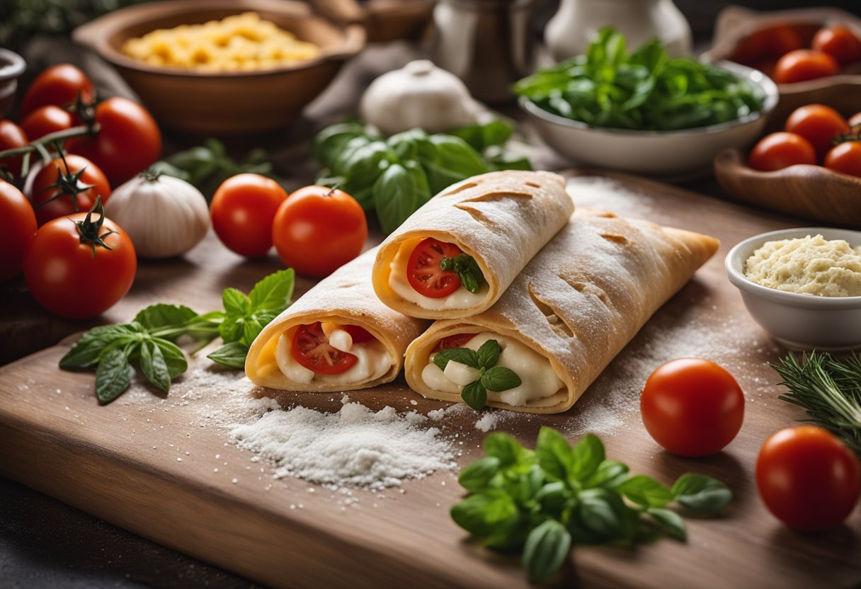 Uma bancada de cozinha rústica com superfície coberta de farinha, cercada por ingredientes frescos como tomates, queijo e ervas, com uma massa esticada pronta para ser recheada e dobrada em um calzone.