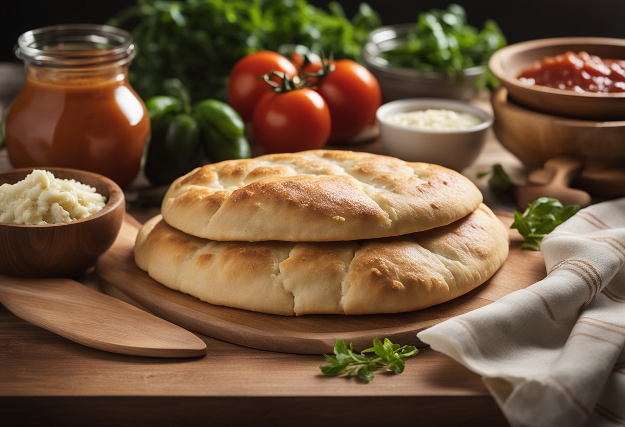 Uma bancada de cozinha com ingredientes para calzone caseiro, incluindo massa, queijo, molho de tomate e vários recheios. Um rolo de massa e uma tábua de corte estão próximos.