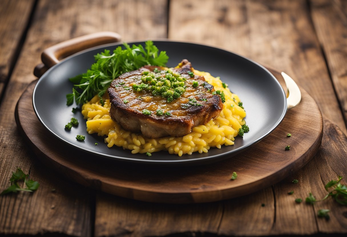 Um prato fumegante de ossobuco alla milanese com vibrante risoto de açafrão, guarnecido com gremolata, em uma mesa rústica de madeira