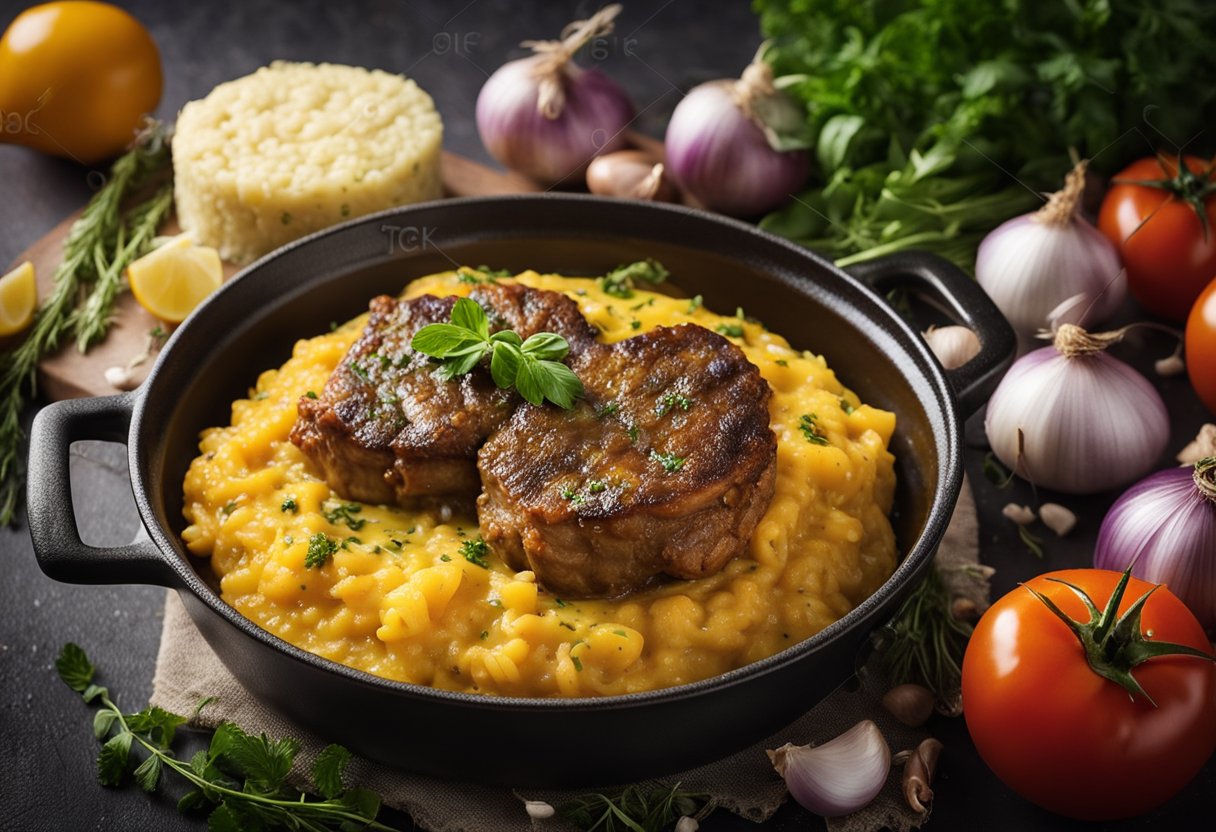 Uma panela borbulhante de ossobuco alla milanese com risoto de açafrão ao lado, cercada por ingredientes frescos como tomates, cebolas, alho e ervas.