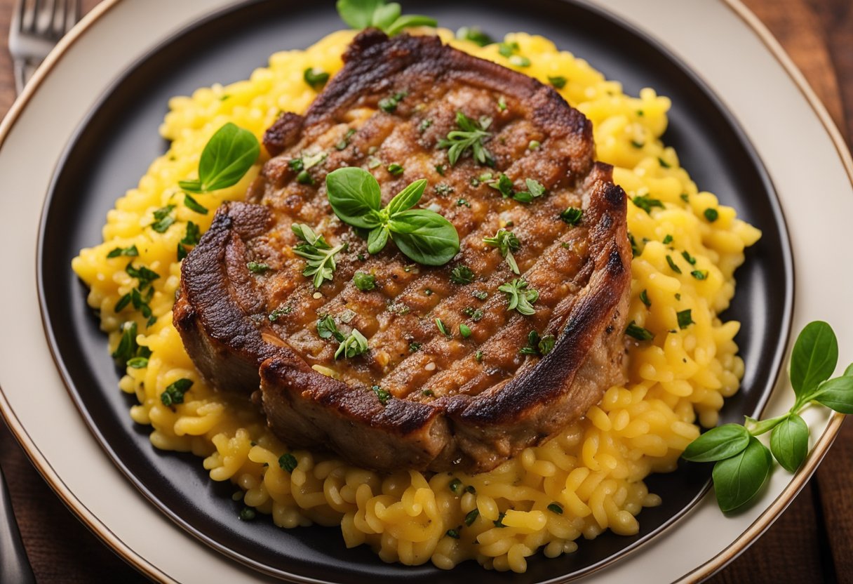 Um ossobuco alla milanese belamente apresentado, com risoto de açafrão vibrante, guarnecido com ervas frescas e uma pitada de parmesão.