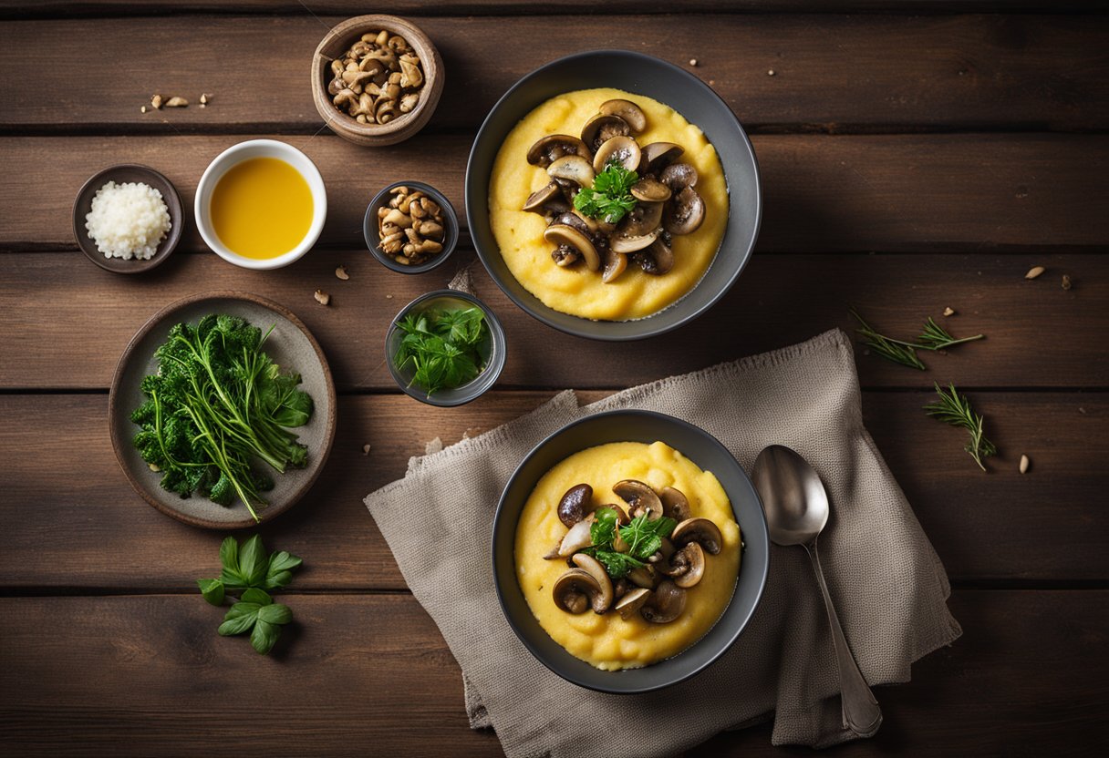 Uma tigela fumegante de polenta cremosa coberta com cogumelos salteados, guarnecida com ervas frescas em uma mesa de madeira rústica