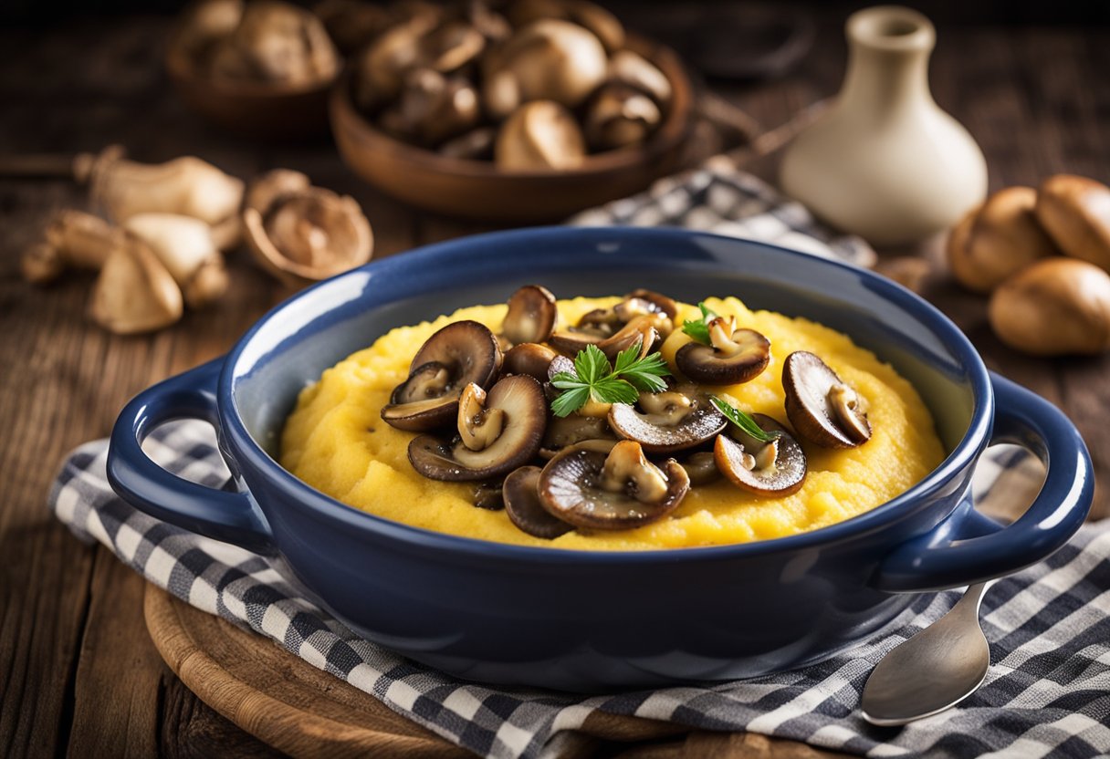 Uma tigela fumegante de polenta cremosa coberta com cogumelos salteados, colocada em uma mesa de madeira rústica com uma toalha de mesa xadrez. Uma refeição italiana quente e reconfortante.