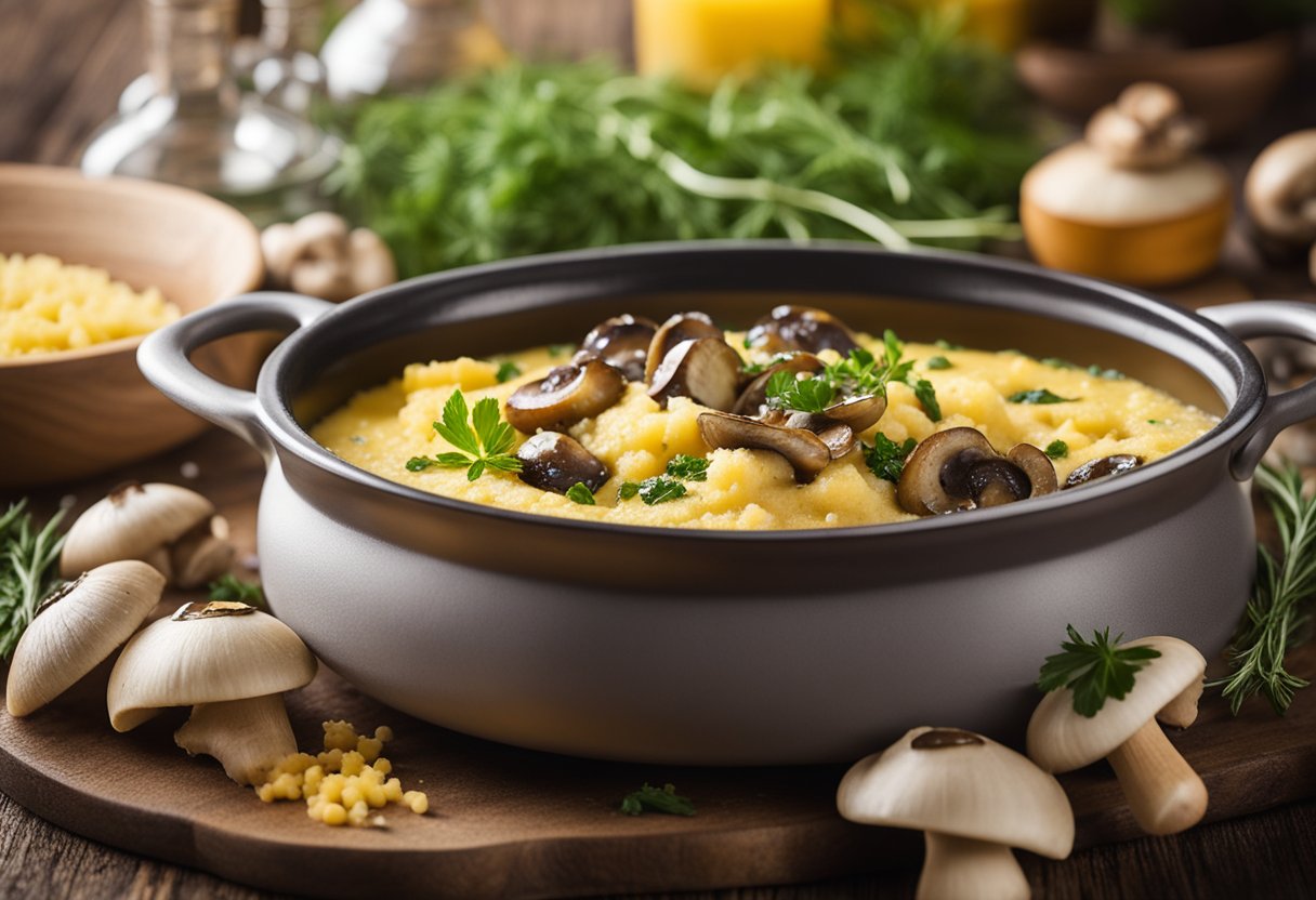 Uma panela borbulhante de polenta cremosa com cogumelos salteados, cercada por ervas frescas e uma pitada de queijo parmesão, evocando os sabores reconfortantes da culinária italiana.