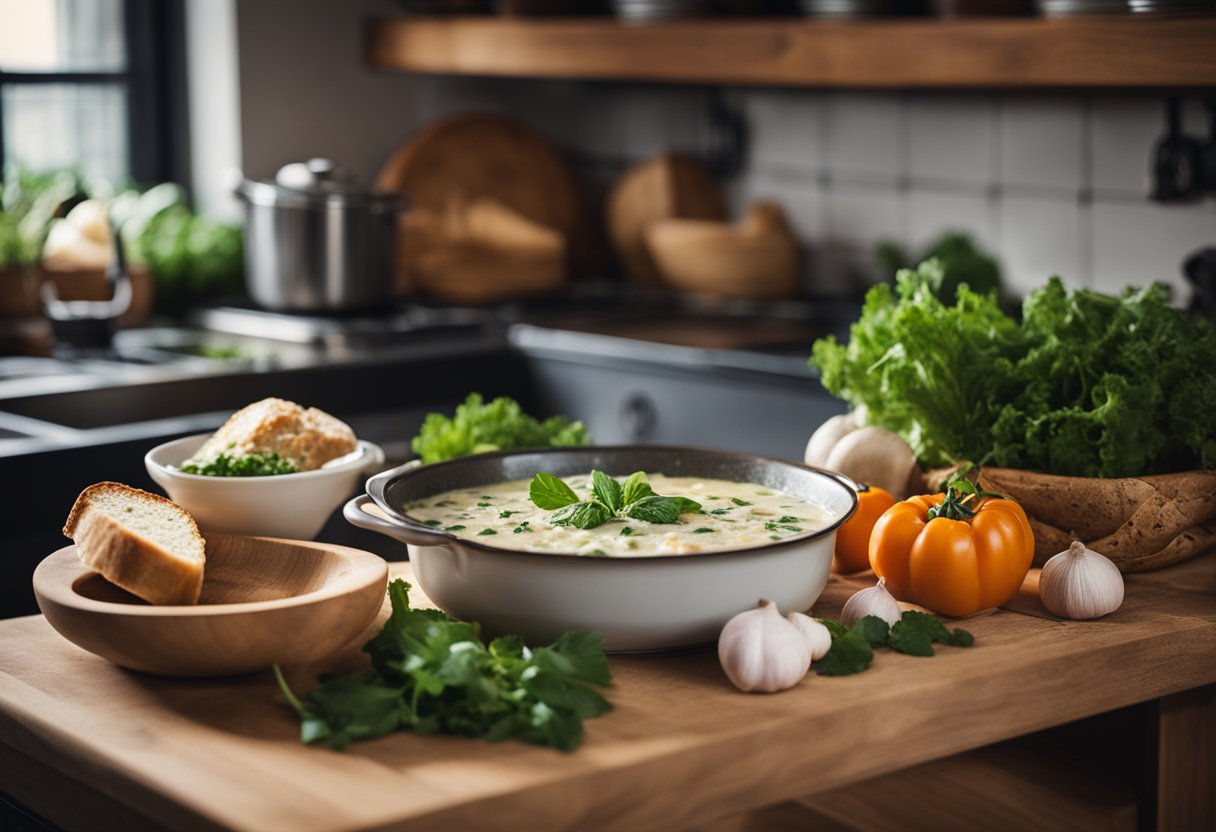 Uma cozinha rústica com uma panela borbulhante de zuppa toscana no fogão, cercada por vegetais frescos, ervas e um pão crocante.