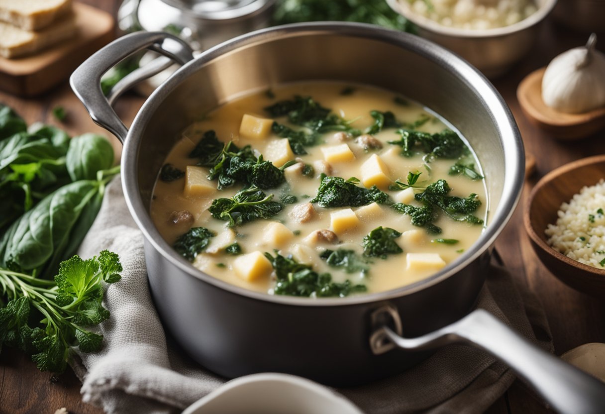 Uma cozinha rústica com uma panela borbulhante de zuppa toscana cozinhando no fogão, cercada por ingredientes frescos e ervas italianas tradicionais.