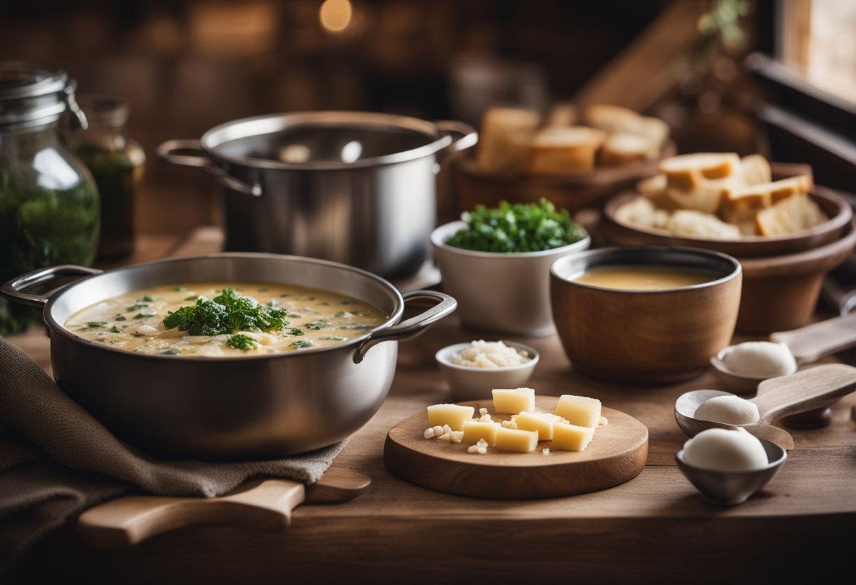 Uma bancada de cozinha rústica com ingredientes e uma panela para fazer sopa Zuppa Toscana em um dia frio