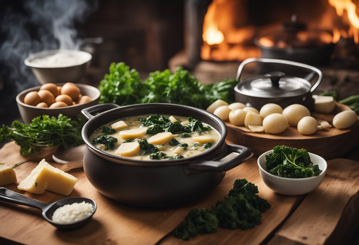 Uma cozinha rústica com ingredientes como linguiça, couve e batatas dispostos em uma mesa de madeira, uma panela borbulhando no fogão e uma tigela fumegante de Zuppa Toscana pronta para ser servida.