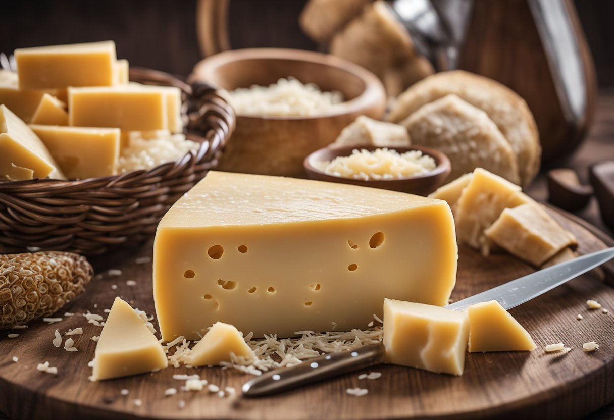 Uma roda de Parmigiano-Reggiano está em uma mesa de madeira, cercada por pedaços recém-cortados. Um ralador de queijo e uma faca pequena estão próximos, prontos para uso.