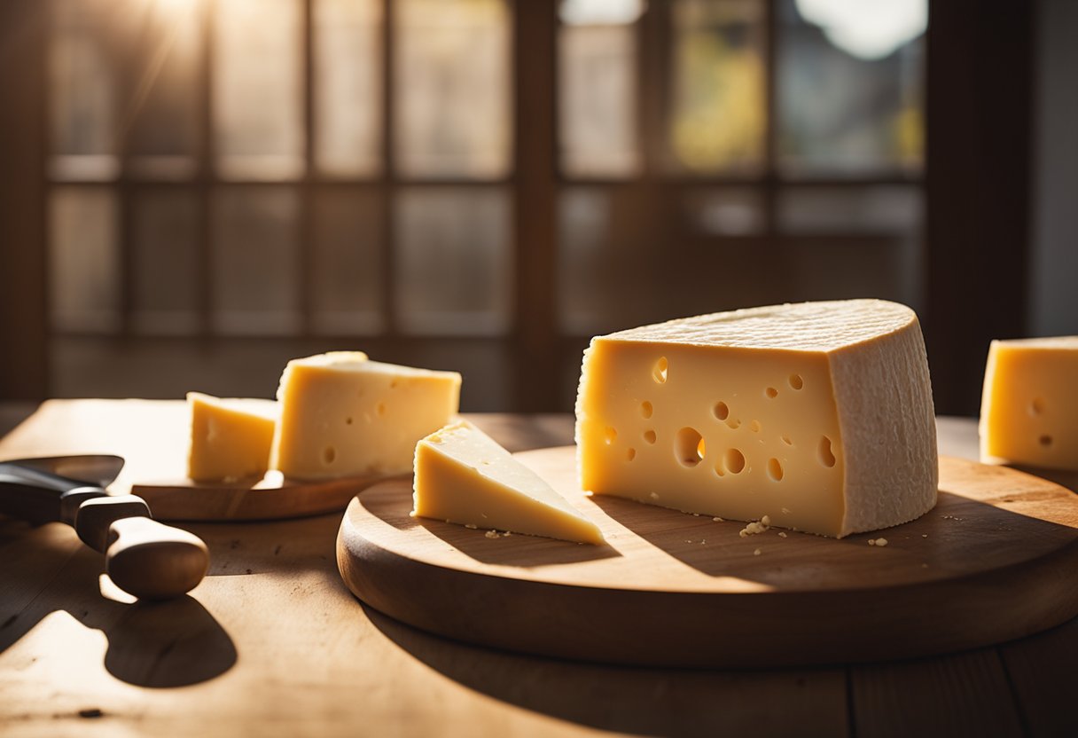 Uma roda de Parmigiano-Reggiano repousa sobre uma mesa de madeira, cercada por uma variedade de facas de queijo e um pequeno pedaço do queijo. A luz do sol entra por uma janela próxima, lançando um brilho quente sobre a cena.