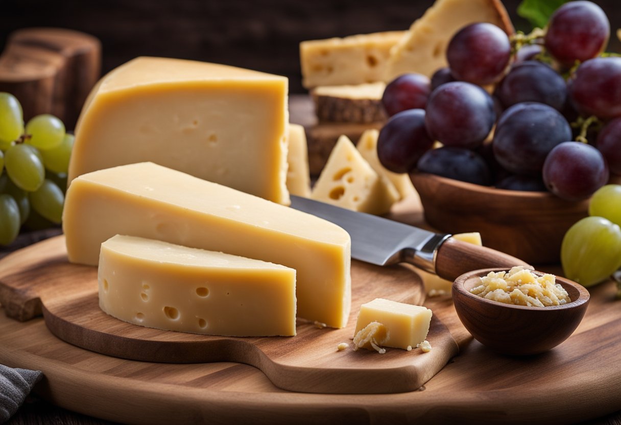 Uma roda de Parmigiano-Reggiano repousa em uma tábua de queijo de madeira, cercada por uvas e figos. Uma faca de queijo com cabo de madeira está próxima.