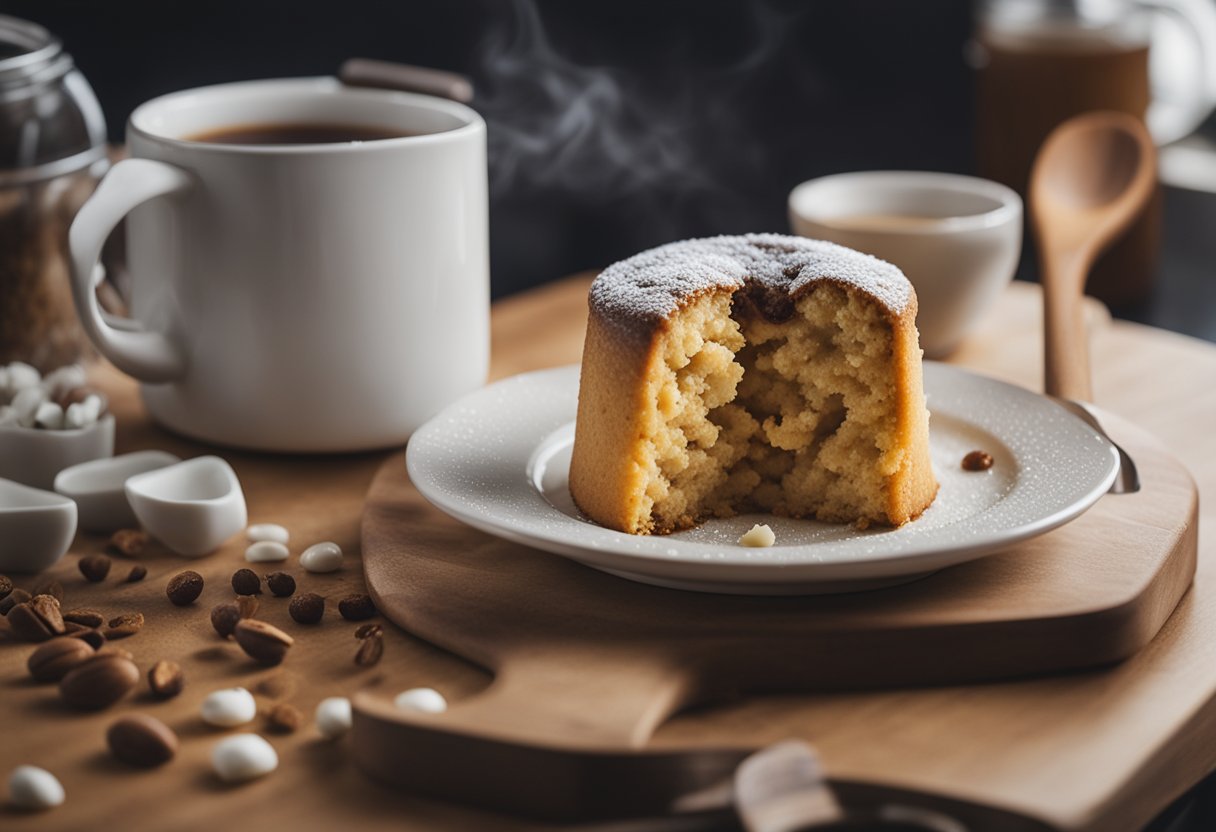 Um simples bolo de caneca sendo preparado no micro-ondas, com ingredientes e um timer por perto.