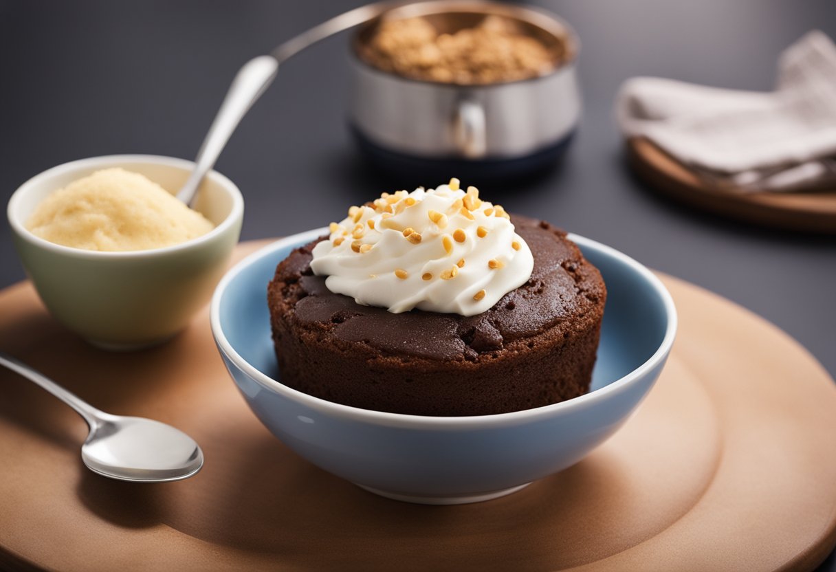 Um simples bolo de caneca sendo misturado em uma tigela com ingredientes ao redor, um micro-ondas ao fundo e um bolo de caneca pronto em um prato.