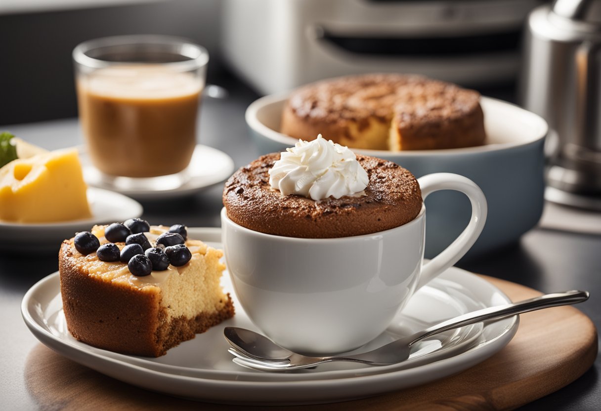 Uma mesa com ingredientes e uma caneca, um micro-ondas e um bolo de caneca recém-assado em um prato