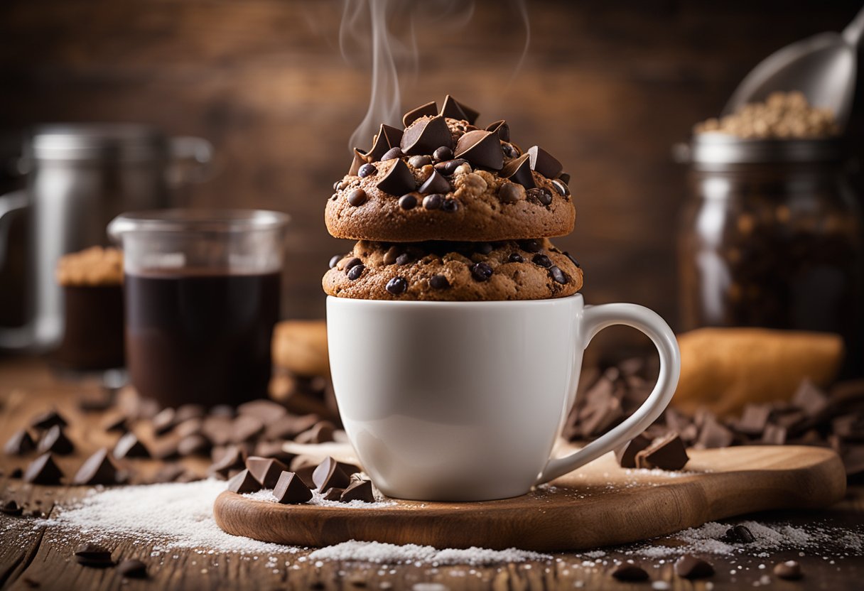 Uma caneca de bolo fumegante está sobre uma mesa de madeira rústica, cercada por ingredientes espalhados como farinha e gotas de chocolate. Um cronômetro marca "5:00" ao fundo.