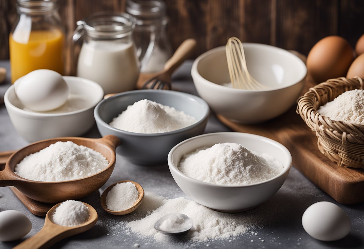 Uma cena de cozinha simples com três ingredientes básicos (farinha, ovos e açúcar) em uma bancada, cercada por tigelas de mistura, colheres medidoras e um batedor.