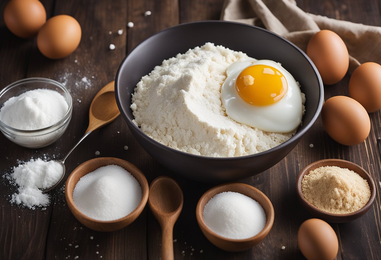 Uma tigela de mistura com três ingredientes simples: farinha, ovos e açúcar. Um batedor e copos medidores estão próximos, prontos para criar um bolo rápido e fácil.