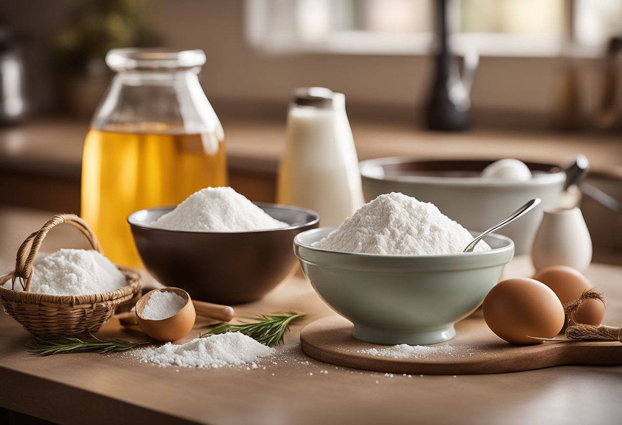 Uma cena de cozinha simples com três ingredientes básicos (farinha, ovos e açúcar) em uma bancada, ao lado de uma tigela de mistura e um batedor.