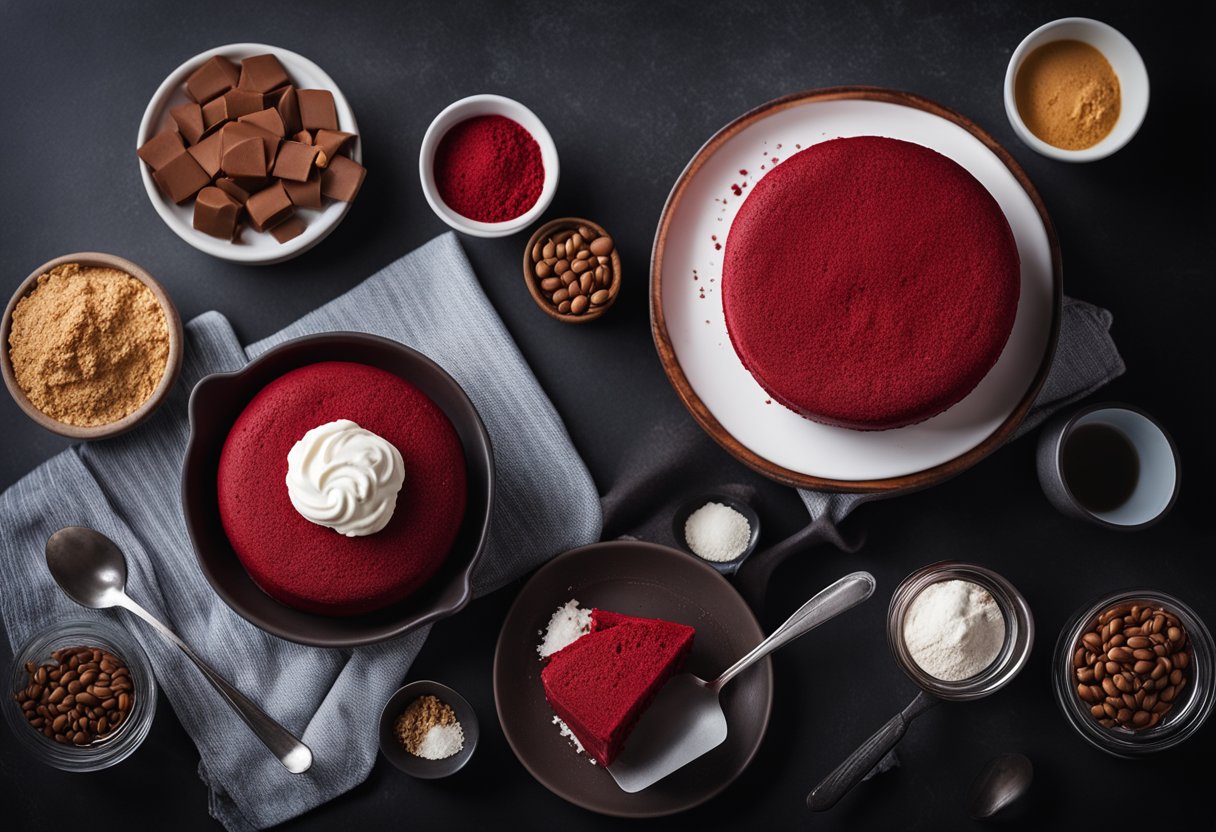 Um vibrante bolo de proteína de veludo vermelho com uma porção de whey protein em um recipiente de mistura cercado por ingredientes e utensílios de cozinha
