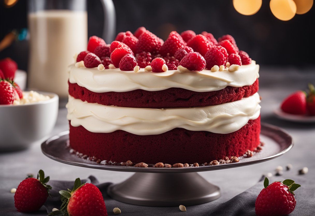 Um vibrante bolo de veludo vermelho com whey protein e um toque rico em proteínas, colocado em um suporte decorativo para bolos.