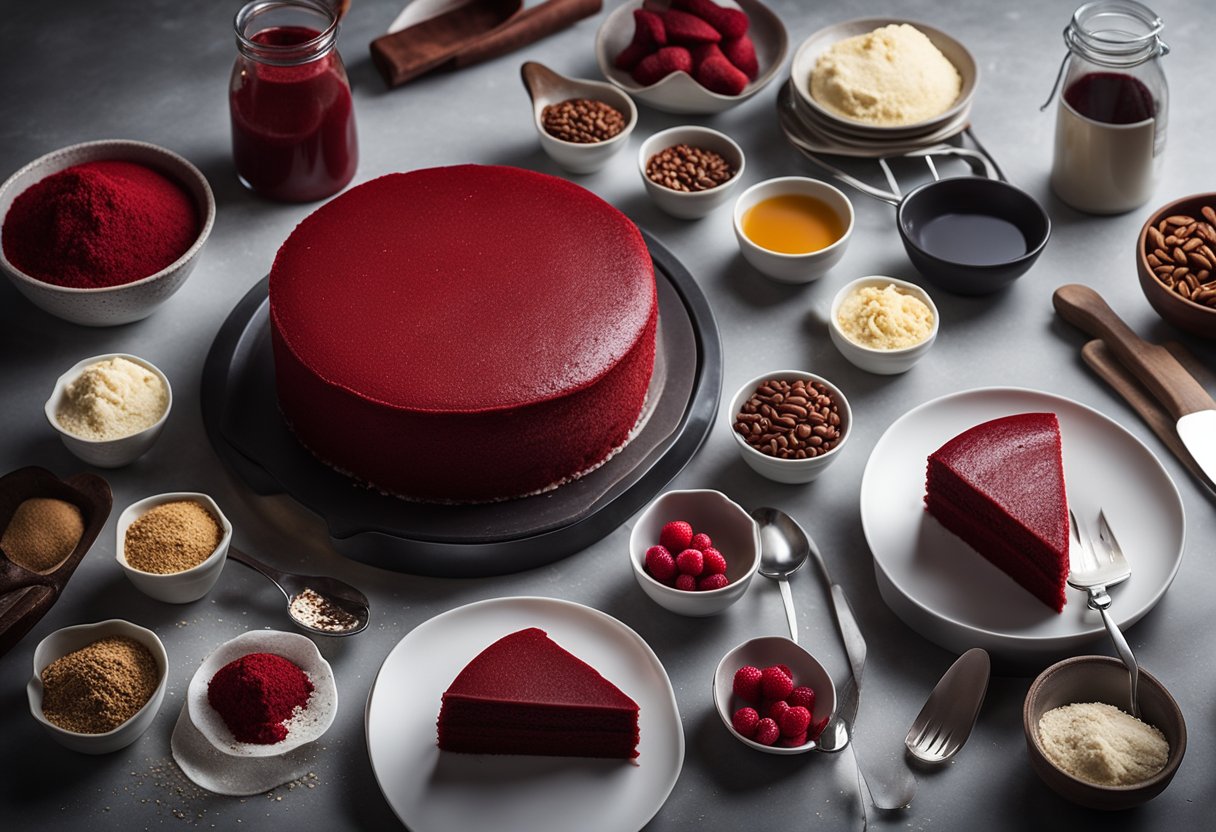 Um vibrante bolo de veludo vermelho sendo preparado com proteína de soro de leite, cercado por ingredientes e utensílios de cozinha em uma bancada limpa e bem iluminada.