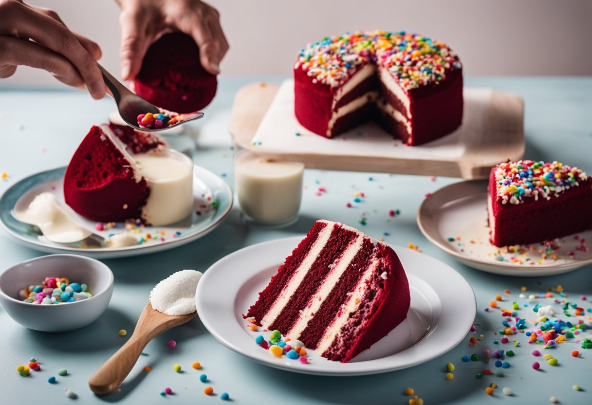 Um bolo de proteína de veludo vermelho sendo decorado com cobertura de cores vibrantes e granulados, com uma colher de whey protein em pó próxima.