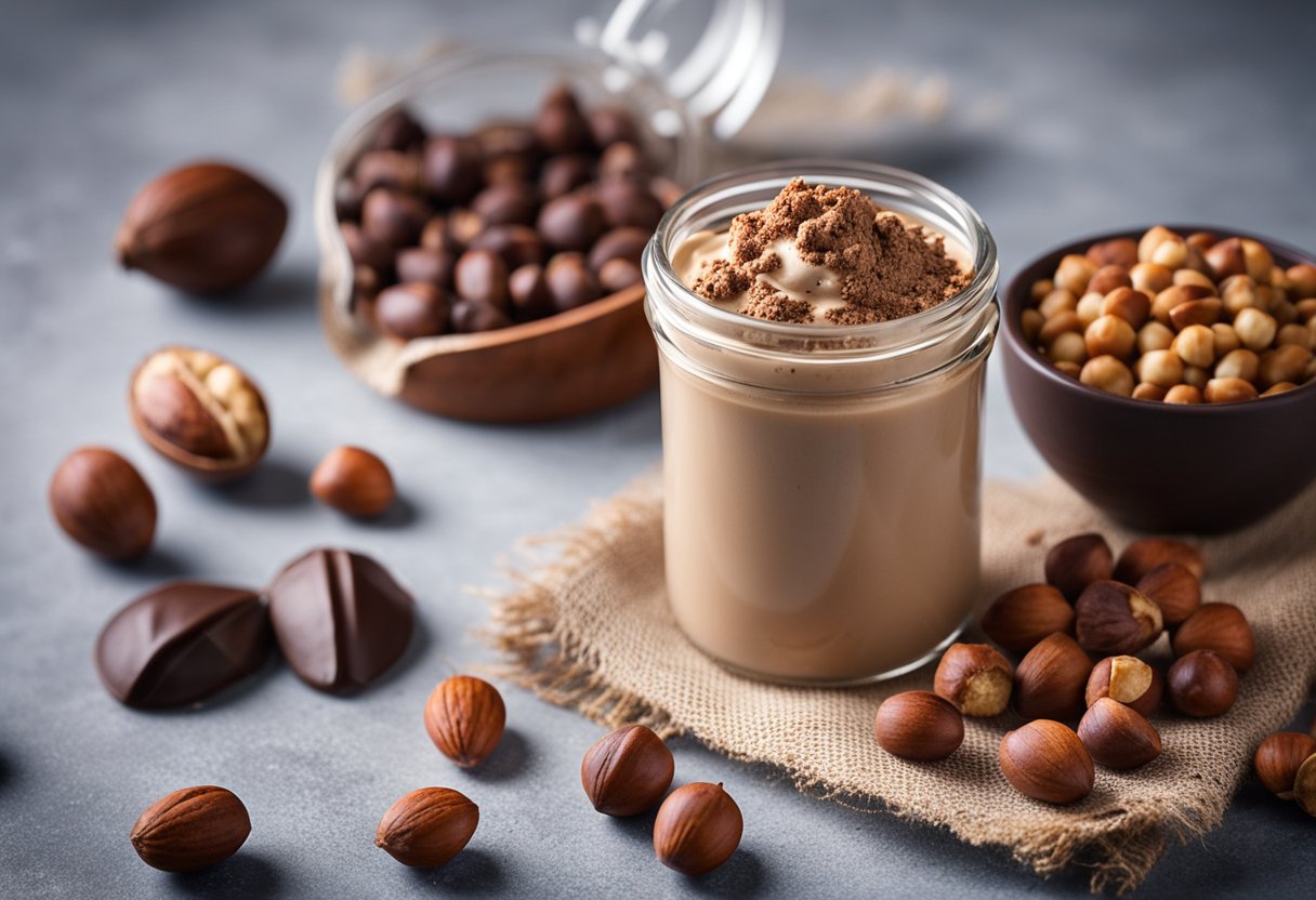 Um pote de creme de proteína de avelã com whey e cacau cercado por avelãs e grãos de cacau espalhados