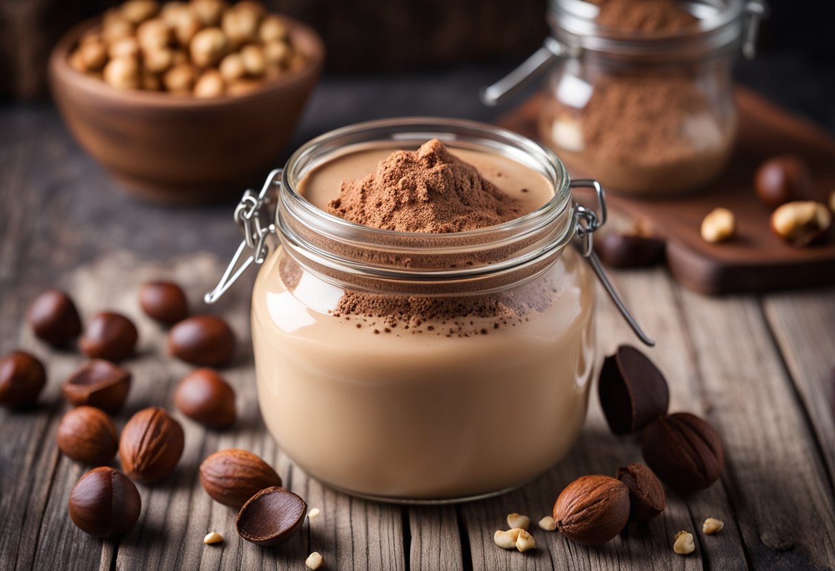 Um pote de creme de avelã com soro de leite e cacau cercado por avelãs e grãos de cacau em uma mesa de madeira