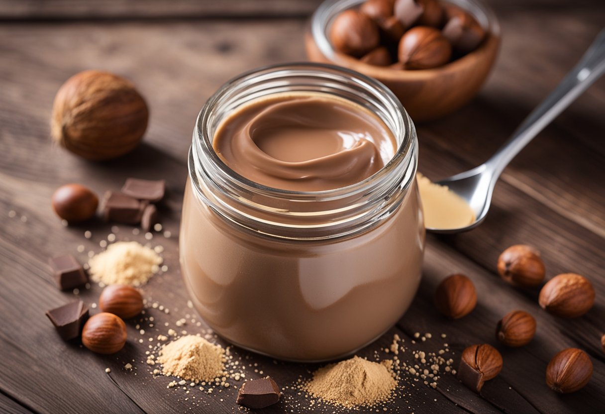 Um pote de creme de avelã cercado por uma bola de whey protein e uma pitada de cacau em pó em uma mesa de madeira