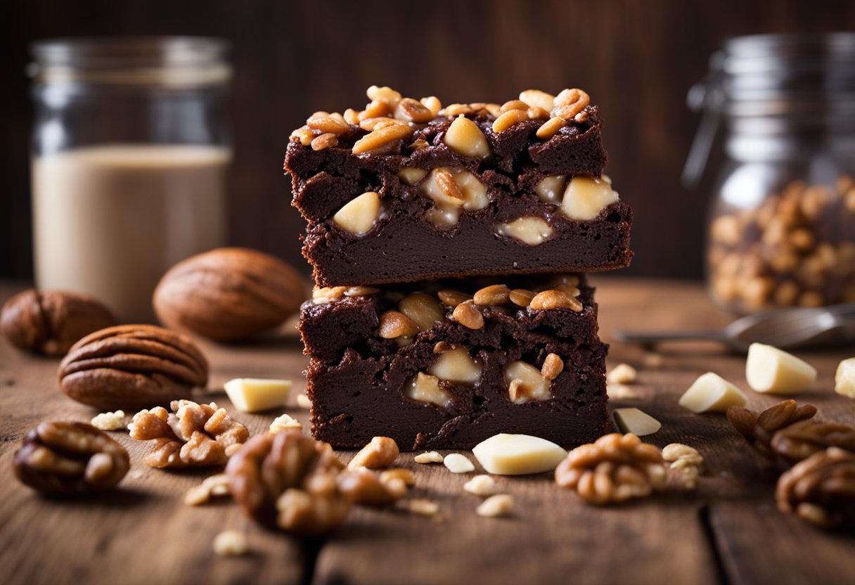 Um brownie rico em proteínas com pedaços de nozes, em uma mesa de madeira rústica
