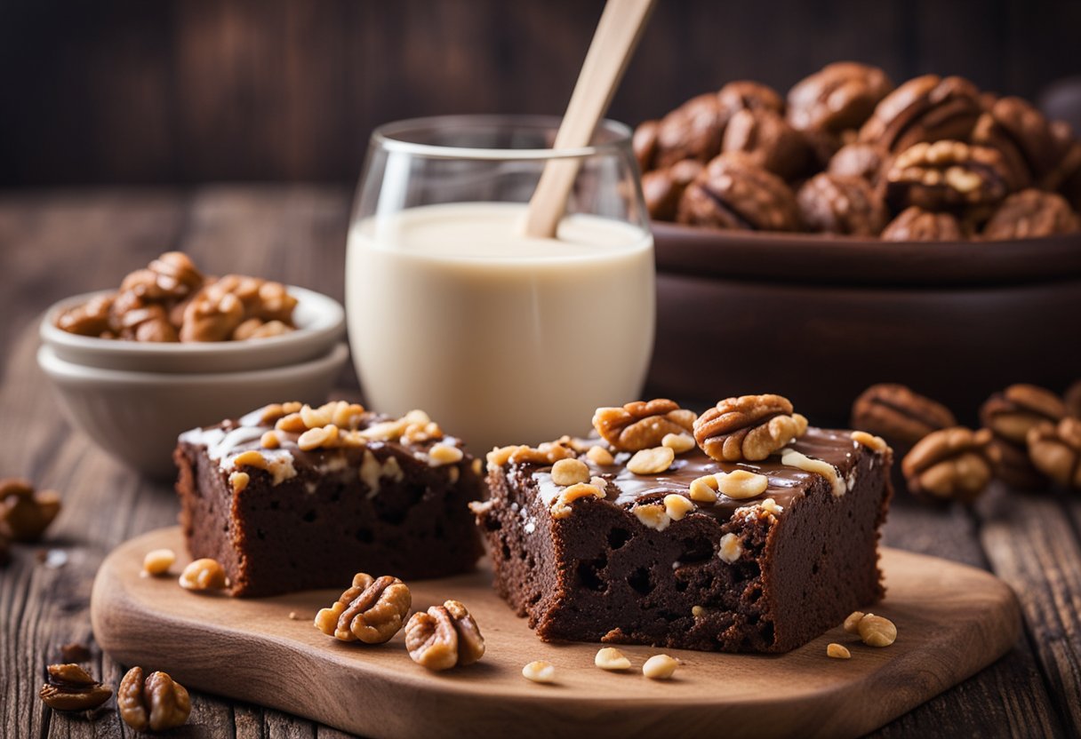 Um brownie com pedaços de nozes e uma camada de whey protein em pó por cima, apoiado em uma mesa de madeira rústica