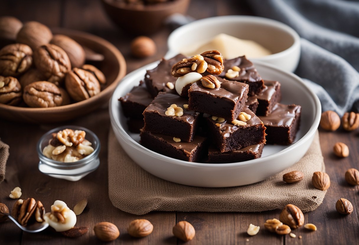 Um brownie com pedaços de nozes, uma bola de proteína do soro do leite e uma tigela de mistura com ingredientes