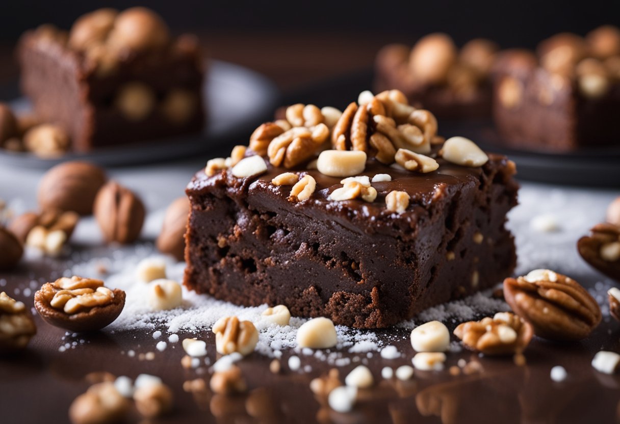 Um brownie rico e fudgy salpicado com pedaços de nozes, polvilhado com uma camada de proteína em pó e cercado por nozes inteiras espalhadas.
