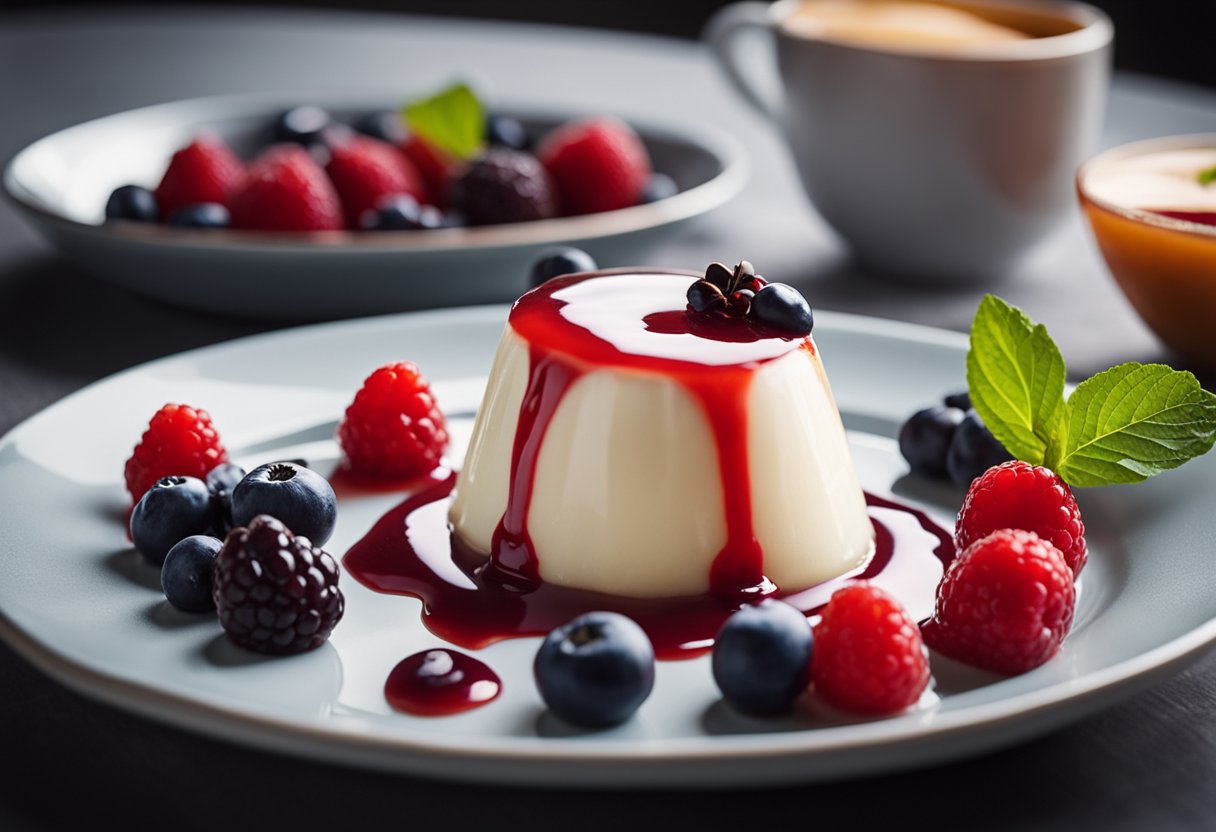 Uma panna cotta low-carb com uma compota de frutas vermelhas vibrantes regada por cima, servida em um prato de sobremesa simples e elegante.